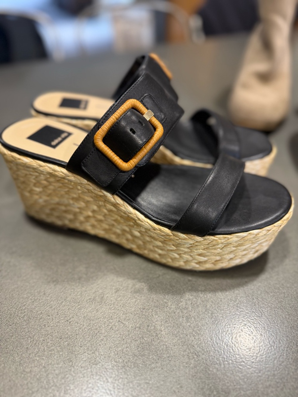 Dolce Vita Black Leather Espadrille Wedge with Tan Buckle